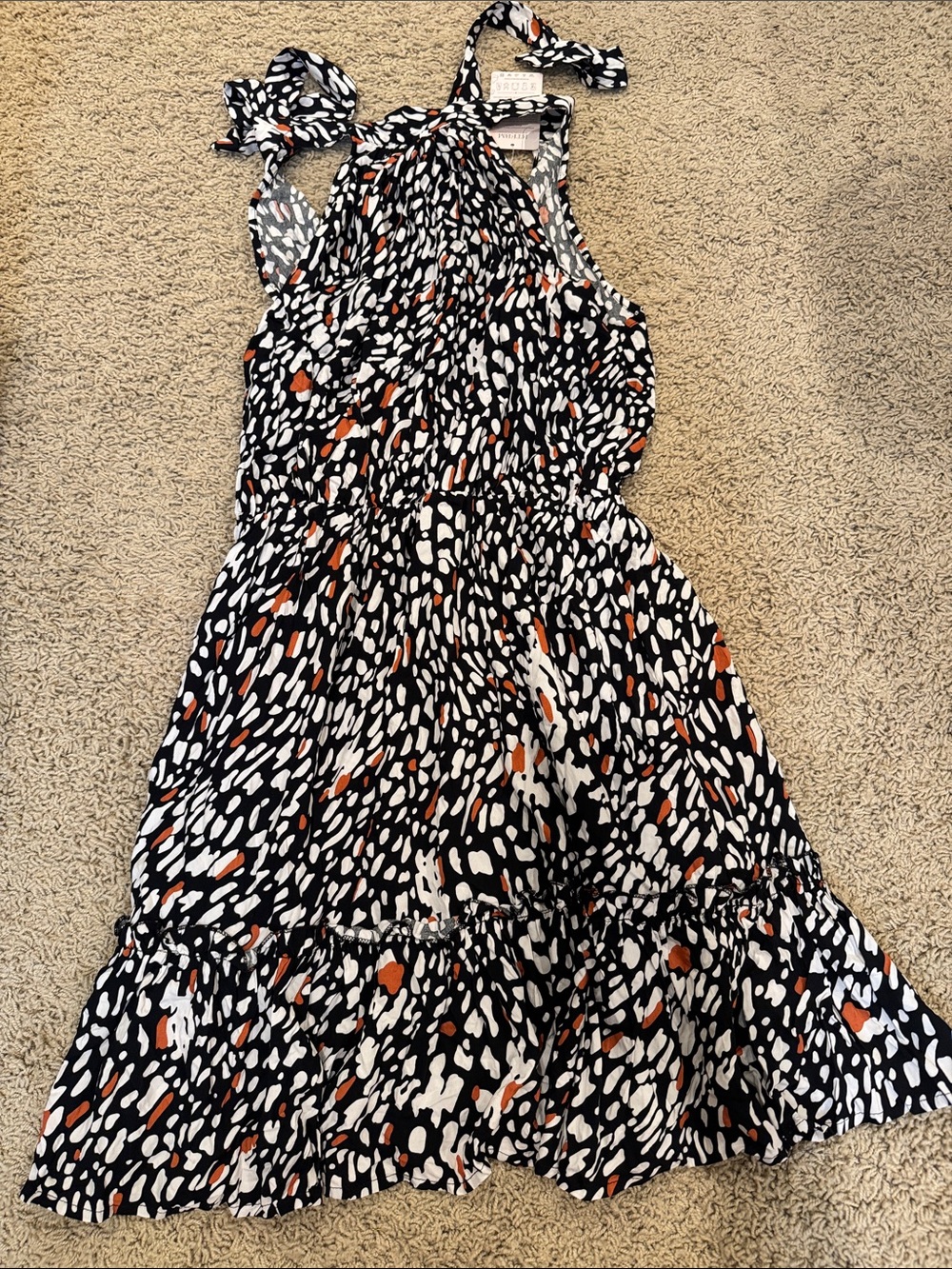 Women’s Black & White Printed Halter Dress with Orange Accents